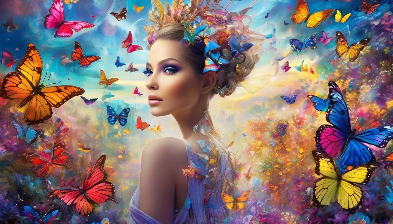 dreamscape a portrait of a beautiful woman surrounded by colorful butterflies, award winning, concept design, art by lisa frank and karol bak and Kirsty Mitchell, surreal, ethereal, dreamy, mysterious, fantasy, highly detailed, perfect composition, 16k resolution