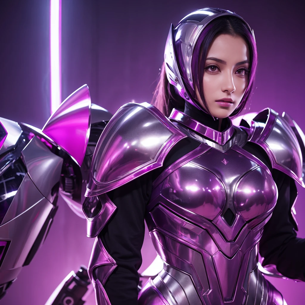 Arabian woman in futuristic suit standing in front of a purple background, sharp silver armor Fuchsia Skin, Fuchsia Skin below the armor, Fuchsia Skin beneath the armor, Black and red reflective armor, crimson heavy armor, Black and reddish colored armor, Chrome's Outfit, black and red armor, Black fire-colored reflective armor, Crimson costume, Fuchsia Skin