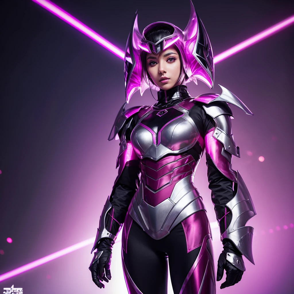 Arabian woman in futuristic suit standing in front of a purple background, sharp silver armor Fuchsia Skin, Fuchsia Skin below the armor, Fuchsia Skin beneath the armor, Black and red reflective armor, crimson heavy armor, Black and reddish colored armor, Chrome's Outfit, black and red armor, Black fire-colored reflective armor, Crimson costume, Fuchsia Skin