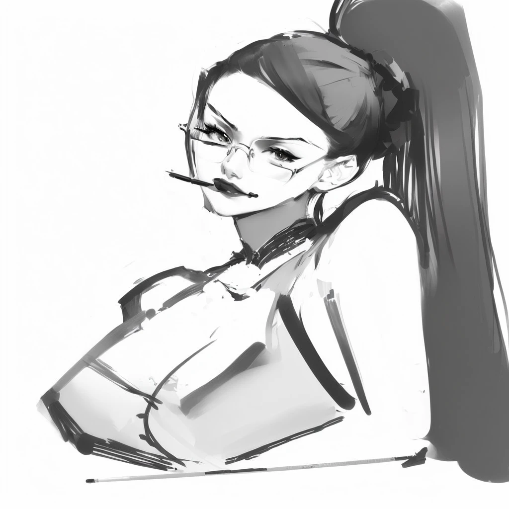 Arafed drawing of a woman with glasses and a bow, Digital sketch, quick sketch, inspired by Shinoda Toko, sketchy artstyle, took it to my iPad, old sketch, line sketch, painted with a thick brush, Artistic sketch, Black and white sketch, drawn in an anime artist's studio, anime sketch, line sketch!!, Sketch of a girl, 2d portrait
