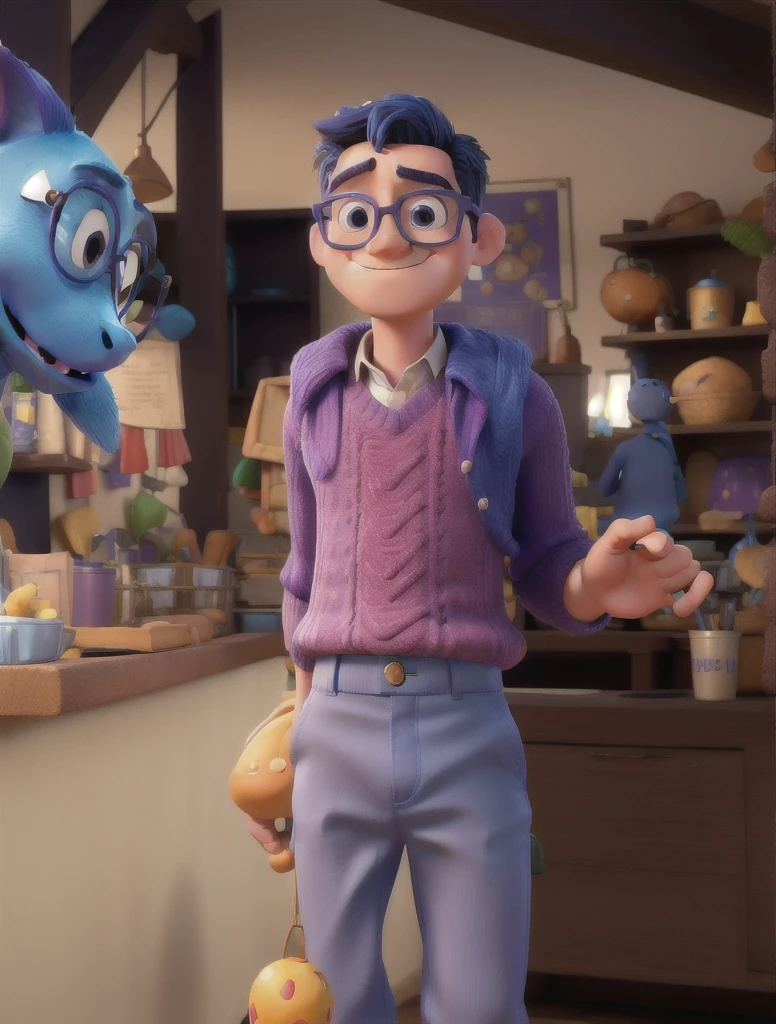 3d cartoon character of boy in fun Disney pixar style, with blue skin, purple rimmed glasses, strong blue straight hair, beige knitted blouse with high collar, dark blue pants.