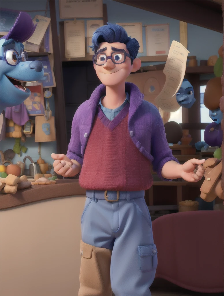 3d cartoon character of boy in fun Disney pixar style, with blue skin, purple rimmed glasses, strong blue straight hair, beige knitted blouse with high collar, dark blue pants.