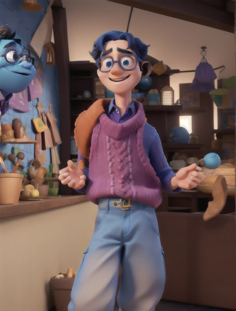 3d cartoon character of boy in fun Disney pixar style, with blue skin, purple rimmed glasses, strong blue straight hair, beige knitted blouse with high collar, dark blue pants.