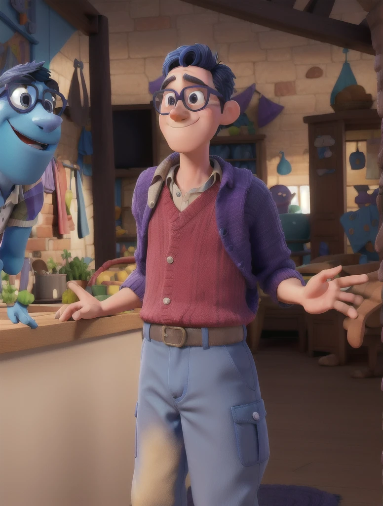 3d cartoon character of boy in fun Disney pixar style, with blue skin, purple rimmed glasses, strong blue straight hair, beige knitted blouse with high collar, dark blue pants.