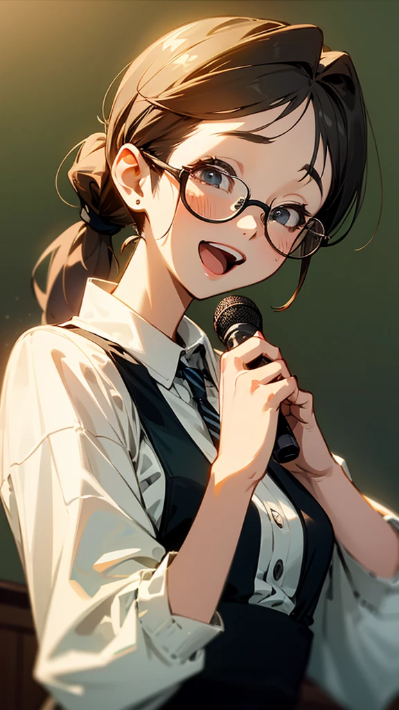 With a ponytail and glasses、Beautiful woman singing a song