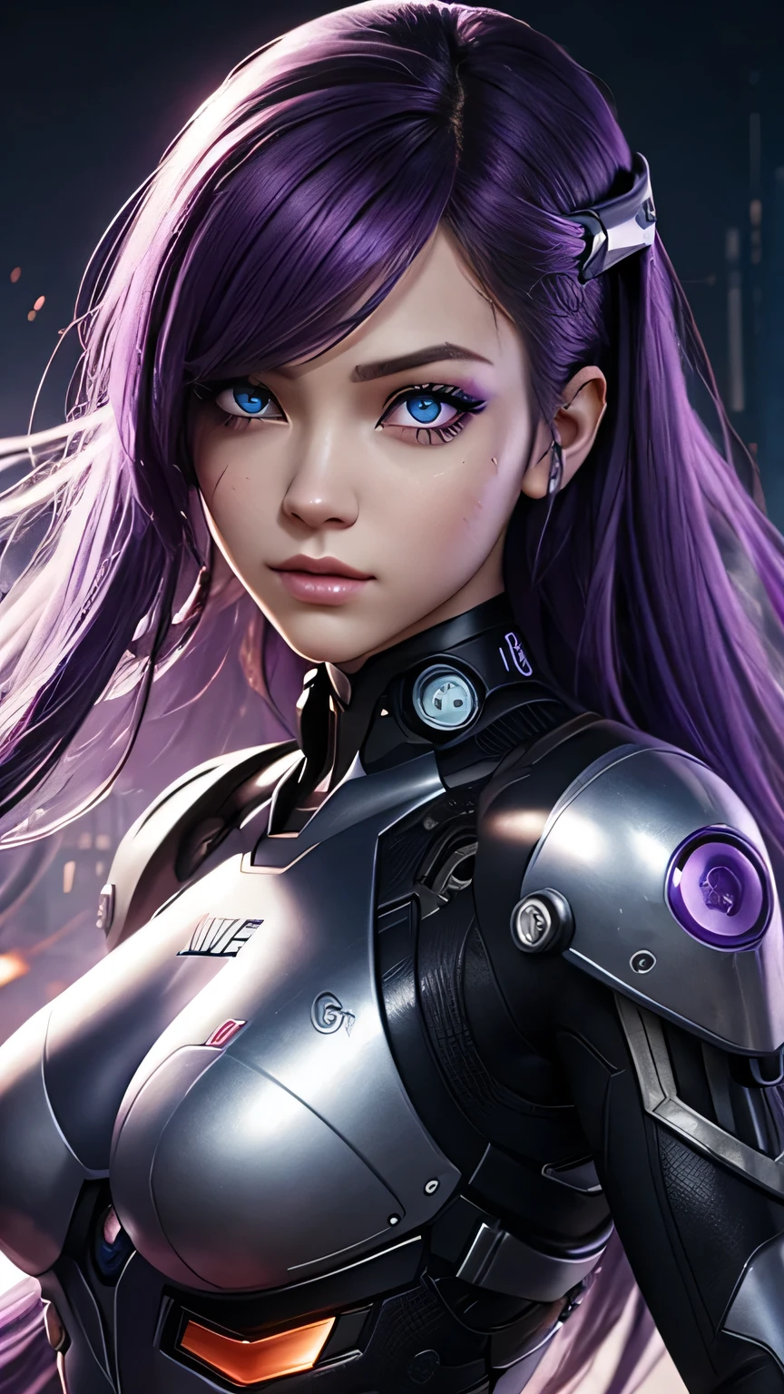 cyborg girl, beautiful eyes, battle field background, violet hair, masterpiece, ultra high details