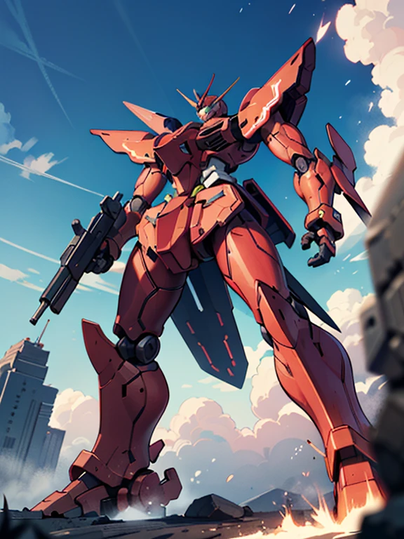 heavy armor red robot, (mecha), sazabi, flaming eye, realist, ((very wide shot)), ((bright)), ((cinematic lighting)), side lighting, blue sky, sky, cloudy sky,