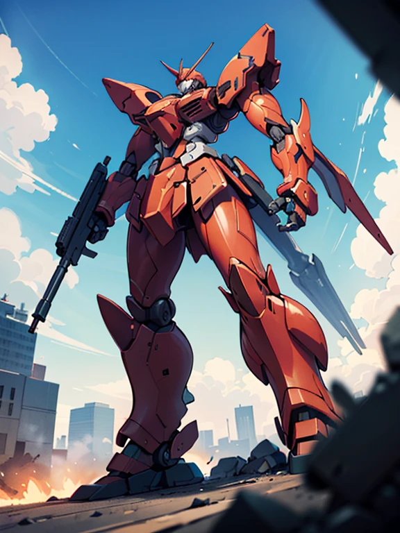 heavy armor red robot, (mecha), sazabi, flaming eye, realist, ((very wide shot)), ((bright)), ((cinematic lighting)), side lighting, blue sky, sky, cloudy sky,