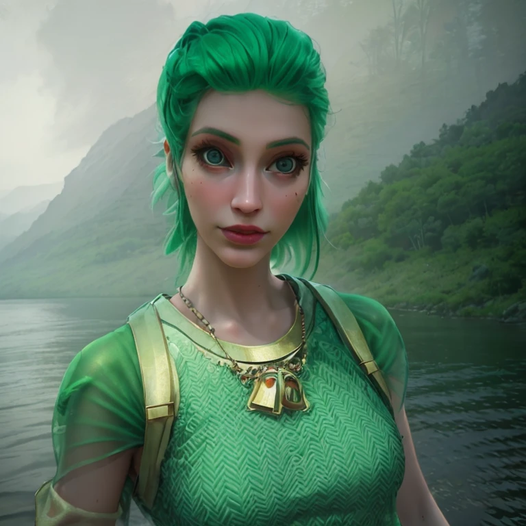A beautiful girl with long hair, big eyes, wearing an elegant dress, standing in front of a lush green mountain landscape with a serene lake, (best quality,4k,8k,highres,masterpiece:1.2),ultra-detailed,(realistic,photorealistic,photo-realistic:1.37),extremely detailed face and eyes,long eyelashes,beautiful detailed eyes,beautiful detailed lips,green mountains,green water,intricate dress,dramatic lighting,cinematic,high fashion,elegant,serene
