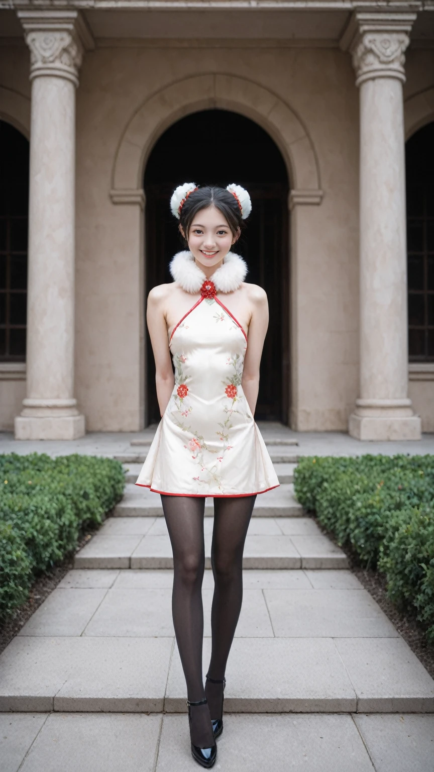 score_9, score_8_up, score_7_up, BREAK,
In this 16k masterpiece wallpaper, an extremely refined and beautiful girl stands solo in a day scene outside a Roman-style mansion. Her small head and bun hair complement her small, perfectly detailed face. Her makeup is exquisite, with small breasts and a flat chest, emphasizing her slim, thin figure. She's wearing a fur collar and a gorgeous, exquisitely embroidered cloak that reveals her clavicle. Underneath, she has on a Maxi cheongsam, with slender legs and pantyhose, and high heels. The scene is set in a garden-style courtyard, with a detailed background and snowscape, creating a winter wonderland ambiance. Her arms are behind her back, and she's smiling, radiating happiness and charm.