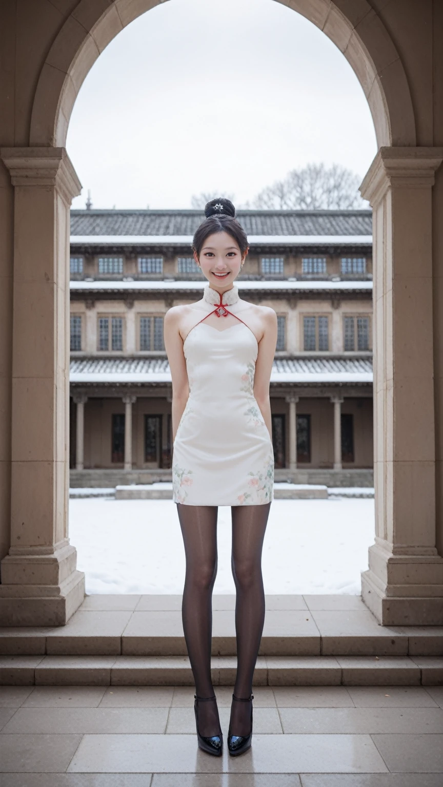 score_9, score_8_up, score_7_up, BREAK,
In this 16k masterpiece wallpaper, an extremely refined and beautiful girl stands solo in a day scene outside a Roman-style mansion. Her small head and bun hair complement her small, perfectly detailed face. Her makeup is exquisite, with small breasts and a flat chest, emphasizing her slim, thin figure. She's wearing a fur collar and a gorgeous, exquisitely embroidered cloak that reveals her clavicle. Underneath, she has on a Maxi cheongsam, with slender legs and pantyhose, and high heels. The scene is set in a garden-style courtyard, with a detailed background and snowscape, creating a winter wonderland ambiance. Her arms are behind her back, and she's smiling, radiating happiness and charm.