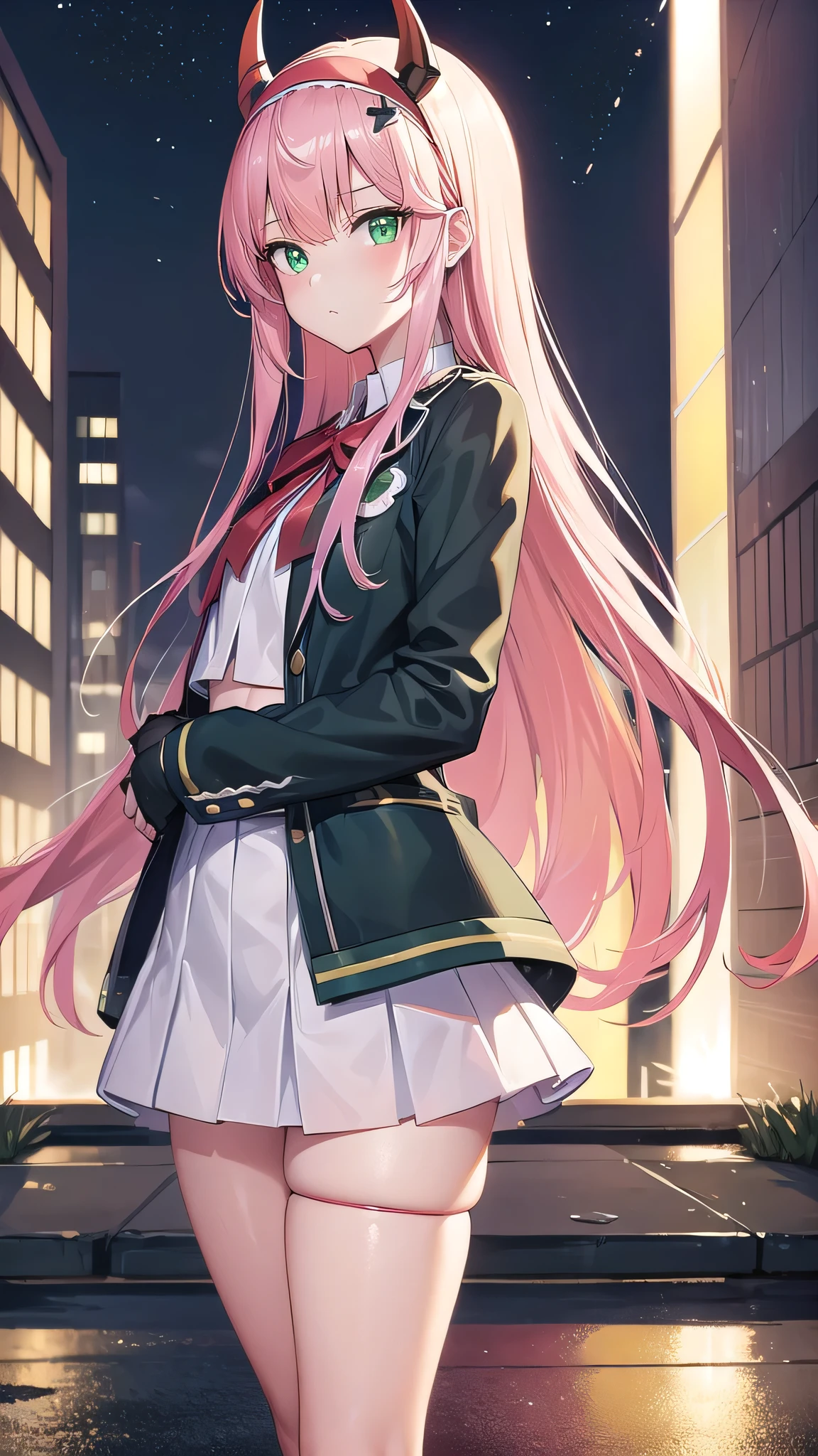 zerotwo, zero two, (green eyes:1.5), hairband, horns, long hair, pink hair, red horns, white hairband,
BREAK jacket, stockings, haigh waist skirt, arrogant face, white footwear,white crop top,
BREAK indoors, classroom,BREAK looking at viewer, (cowboy shot:1.5),BREAK (masterpiece:1.2), best quality, high resolution, unity 8k wallpaper, (illustration:0.8), (beautiful detailed eyes:1.6), extremely detailed face, perfect lighting, extremely detailed CG, (perfect hands, perfect anatomy),city,street,night,wet road,reflections,lights, standing in middle of street
