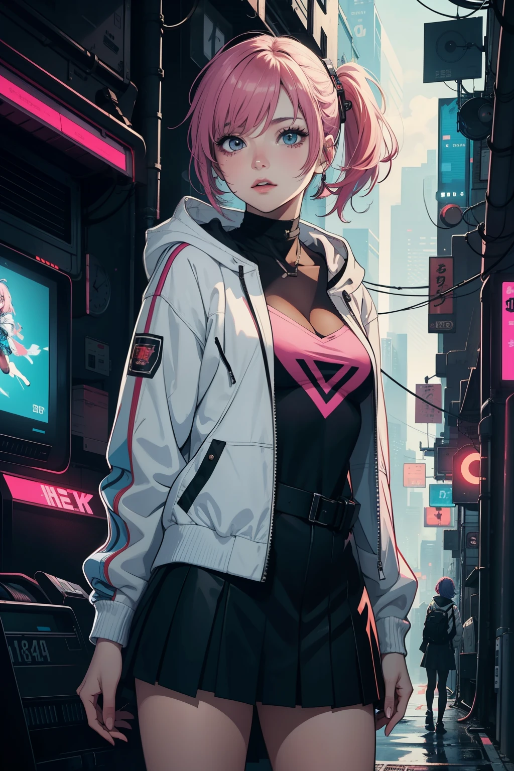 Create an anime-styled digital artwork featuring a cyberpunk inspired girl with pink hair wearing a white jacket and a black skirt. The first artwork should be in 4k resolution and depict the girl in a hoodie, giving off cyberpunk vibes. The second artwork should be in 8k resolution, showcasing an anime art wallpaper with a cyberpunk girl. Both artworks should have a high-quality anime artstyle and feature a portrait of a space cadet girl.
