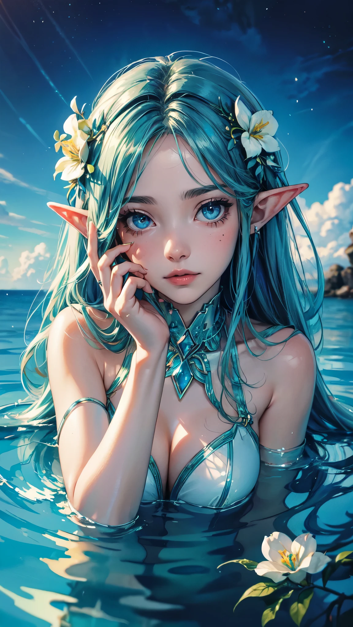 (ultra-detailed, high resolution, masterpiece) 1girl, cetus, coda, oceanodynamic angle, deep ocean, watercolor, sparkling highlights.,detailed hands, detailed eyes, detailed face,colors, elf woman, neon colors,flowers everywhere