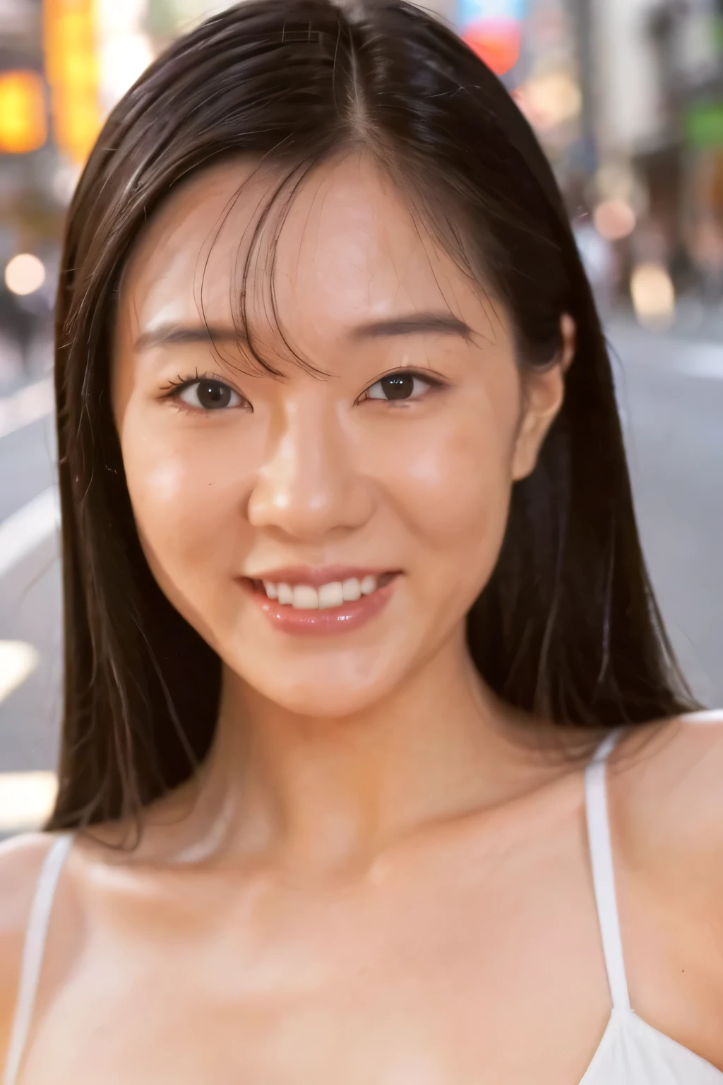 ((highest quality、8K resolution、master masterpiece、portrait:1.3)), Photoreal, 35mm film, 1 Japanese female, Upper body、on the street during the day,tassel 、 wrinkles around the eyes, plump body、smile,((white bra_panties:1.3)) , (outdoor:city street 1.3), jumbled background,look at the audience,Tokyo cityscape:1.3,smile
