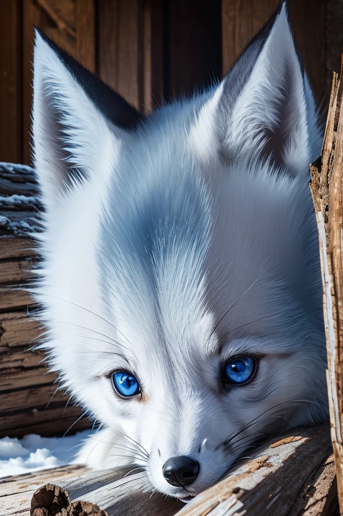 blue eyed arctic fox in log cabin