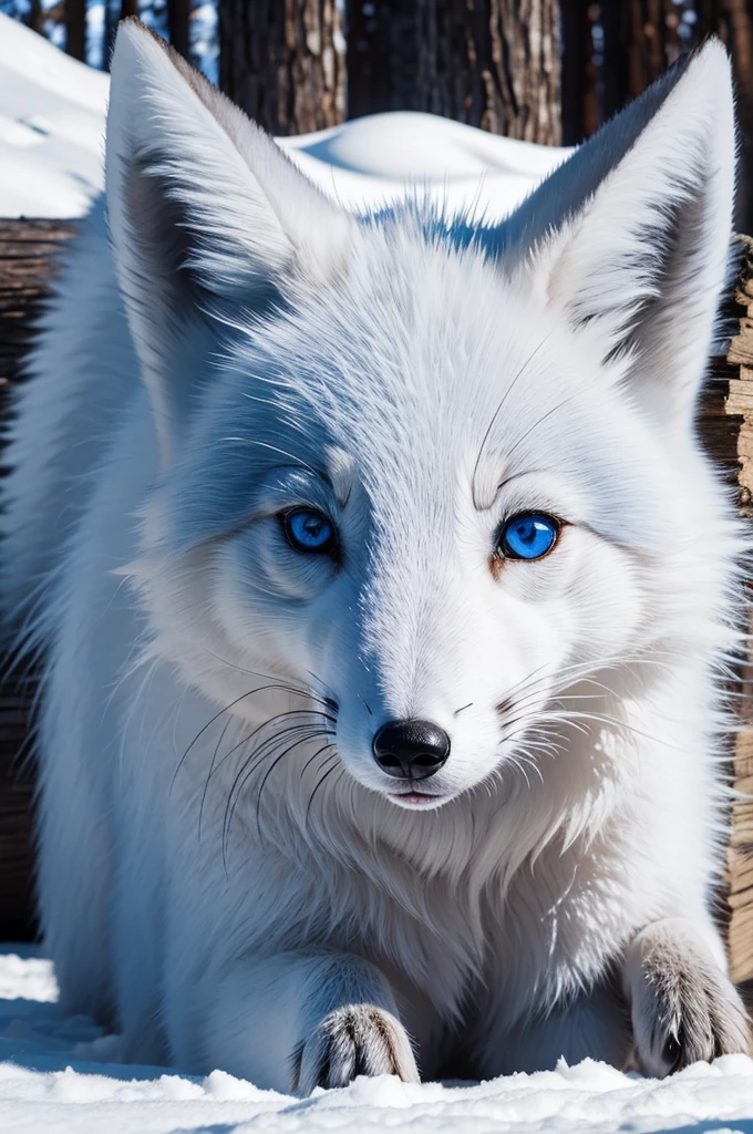 blue eyed arctic fox in log cabin
