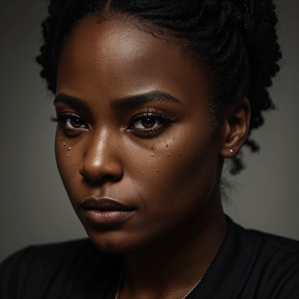 a close-up image of a black girls face, seeing cheek and eye, where you see her eye and side profile with a tear drop rolling down her face, tonally it should feel gritty, real and the underdog as the thematic statement. keep it dark and ominous, beautiful, model girl, light skin