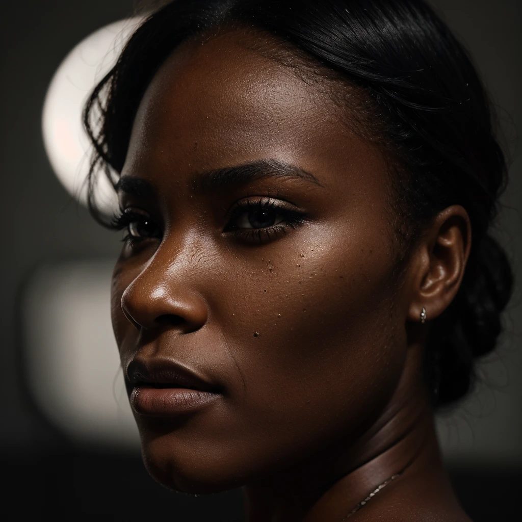 a close-up image of a black girls face, seeing cheek and eye, where you see her eye and side profile with a tear drop rolling down her face, tonally it should feel gritty, real and the underdog as the thematic statement. keep it dark and ominous, beautiful, model girl, light skin