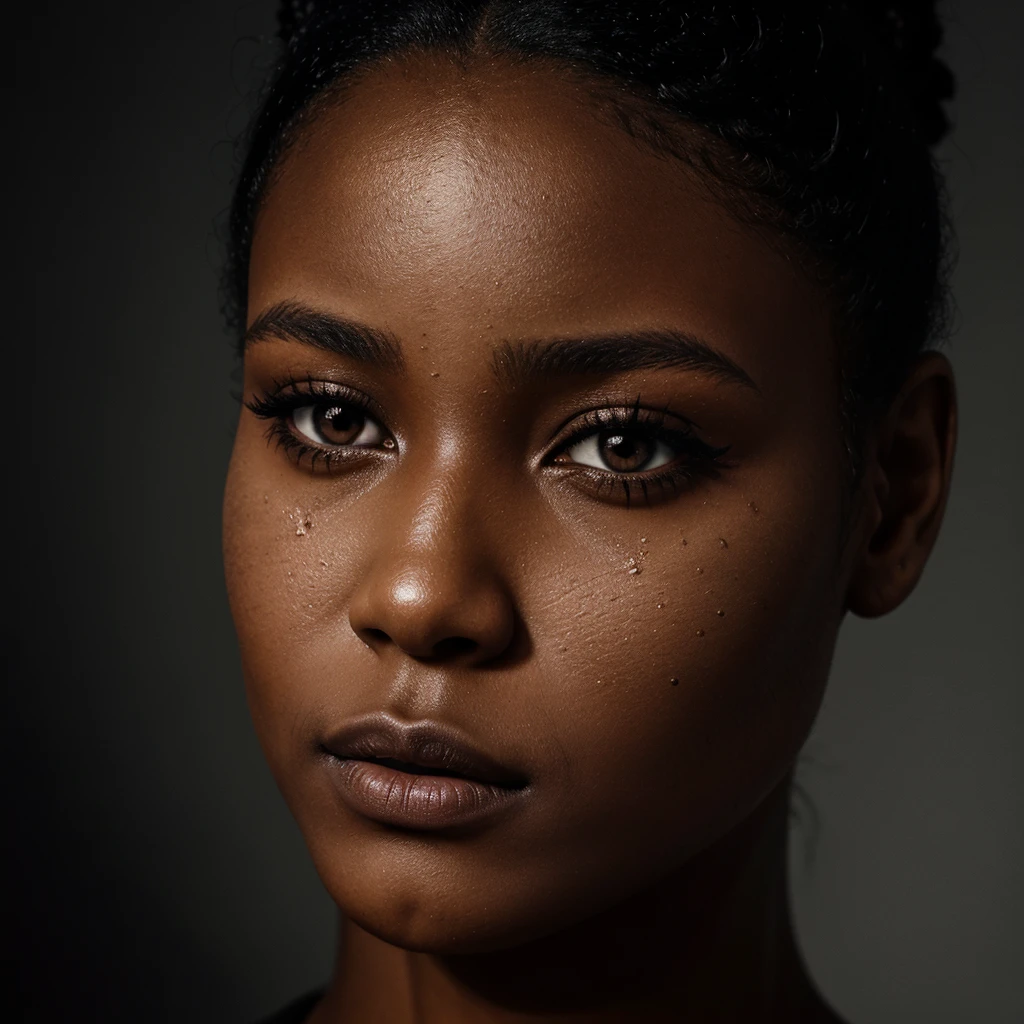 a close-up image of a black girls face, seeing cheek and eye, where you see her eye and side profile with a tear drop rolling down her face, tonally it should feel gritty, real and the underdog as the thematic statement. keep it dark and ominous, beautiful, model girl, light skin