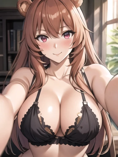 Raphtalia, attractive 25 year old woman, bear ears, glowing orange hair, detailed ruby red eyes, light skin smile, blush, sweet look, Lingerie sexy de vaca.  Selfie.