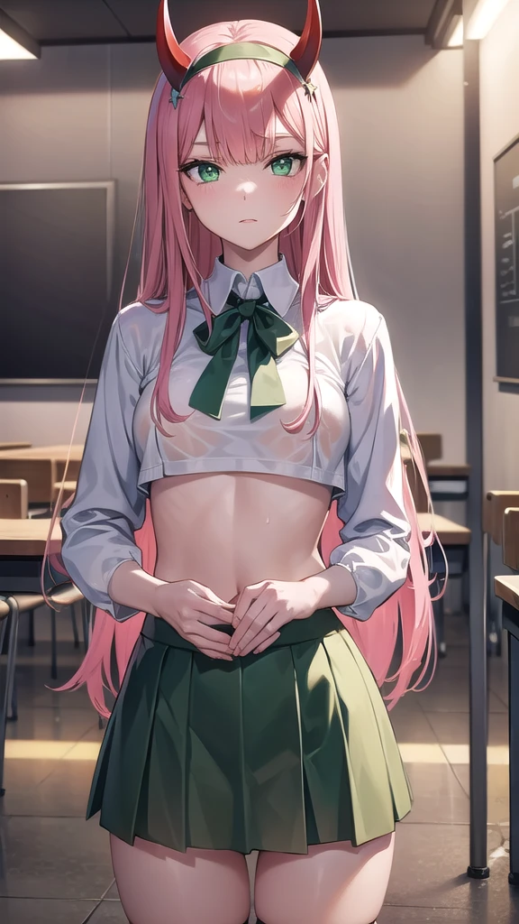 masterpiece, Highest quality, High resolution, 1 Girl,Lala Satalin Deviluke, Official Art,Long Hair, Ahoge, hair ornaments, Green Eyes, Bare chest,pink lace bra,Pull your bra up, Checked skirt, Green Skirt, sports warehouse, ((anger,Disgust)),,Skirt Lift,No panties,Sweat,((Detailed pussy)),((pussy focus:1.5))