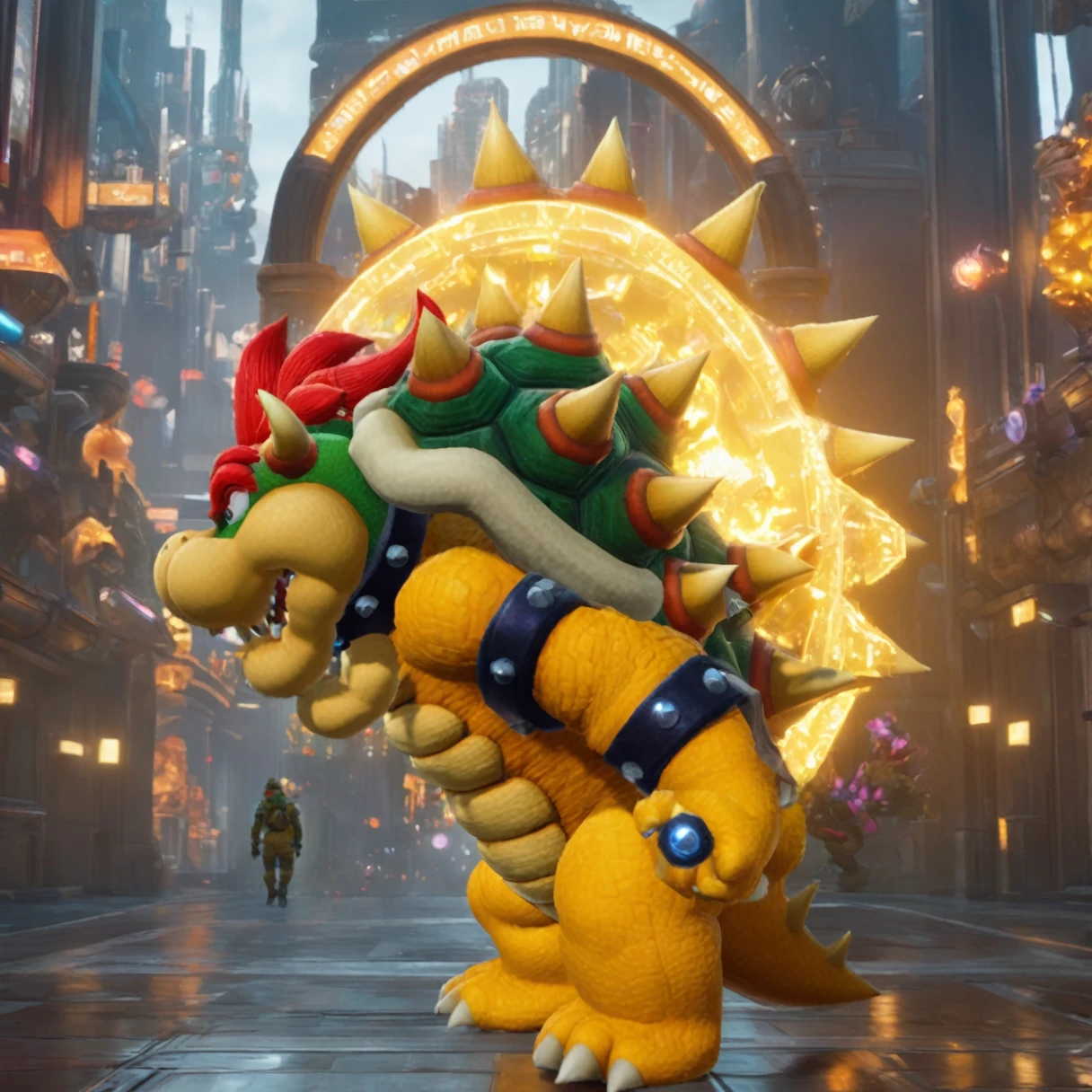 best quality, highly detailed,masterpiece,ultra-detailed,illustration, 
Create a futuristic and cyberpunk world that embodies the essence of the art of science fiction. Bowser is walking through a magic portal, detailed, realistic, 8k UHD, high quality, lifelike, precise, vibrant, absurdres,