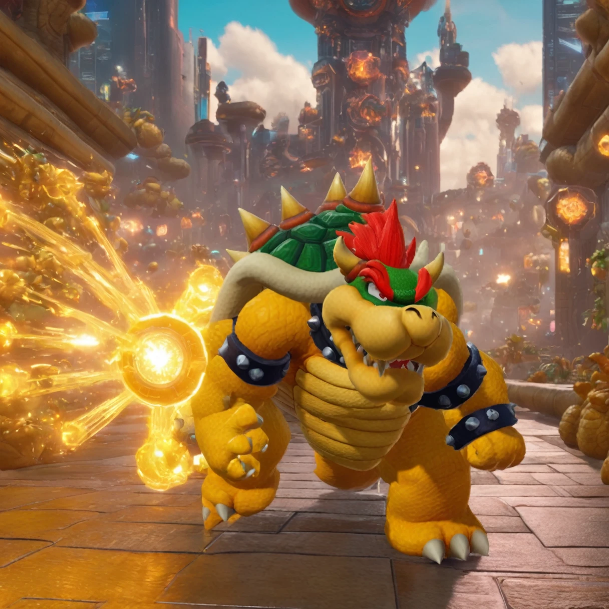 best quality, highly detailed,masterpiece,ultra-detailed,illustration, 
Create a futuristic and cyberpunk world that embodies the essence of the art of science fiction. Bowser is walking through a magic portal, detailed, realistic, 8k UHD, high quality, lifelike, precise, vibrant, absurdres,