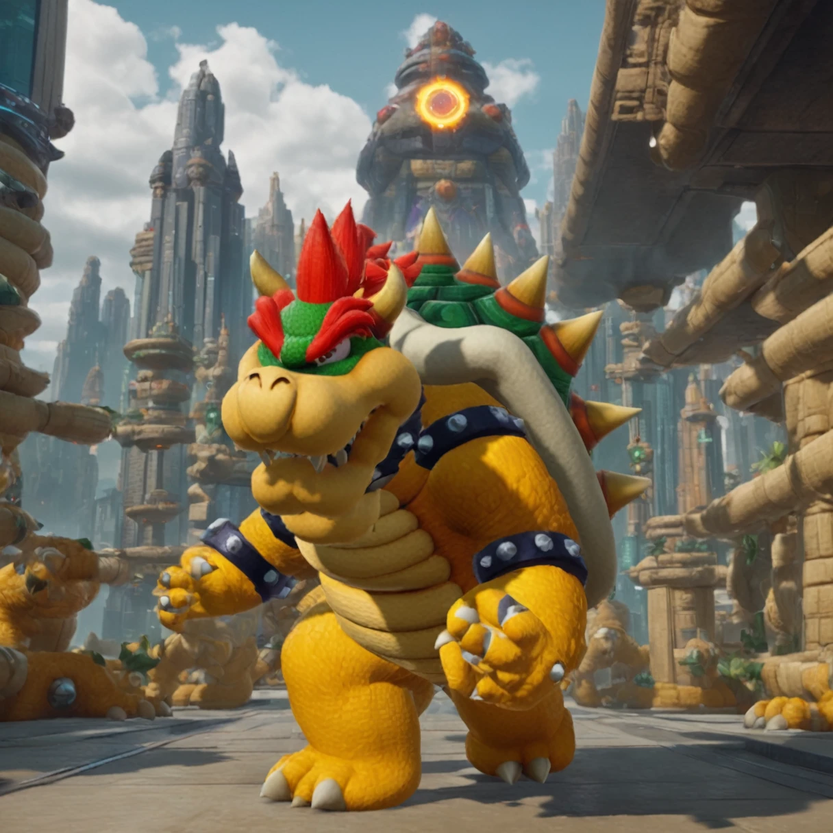 best quality, highly detailed,masterpiece,ultra-detailed,illustration, 
Create a futuristic and cyberpunk world that embodies the essence of the art of science fiction. Bowser is walking through a magic portal, detailed, realistic, 8k UHD, high quality, lifelike, precise, vibrant, absurdres,