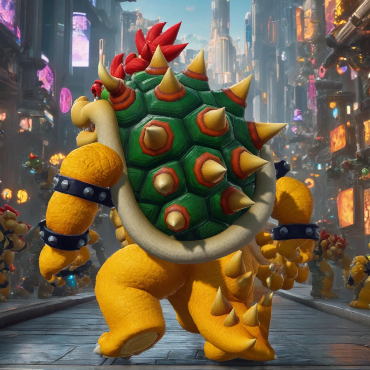 best quality, highly detailed,masterpiece,ultra-detailed,illustration, 
Create a futuristic and cyberpunk world that embodies the essence of the art of science fiction. Bowser is walking through a magic portal, detailed, realistic, 8k UHD, high quality, lifelike, precise, vibrant, absurdres,