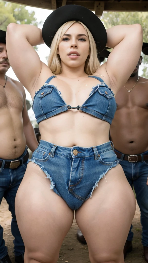 (1femboy chatting with elderly granpa geezer bystanders), very very very beautiful blonde femboy, naughty face, femboy-cowgirl at wild west frontier, stupid blonde twintails hair, bikini top, flat chest:1.5, (unbuttoned denim-hotpants with bulge), I'm unzipping my pants revealing glimpse of pubic hair:1.5, (my arms behind my head:1.2), cowboy boots, fullbody pose, cowboy shot, surrounded by wildwest frontier town vibe, outdoor, skin glistening, sharp quality, I can't believe you're a tranny, (oily sweaty skin), break, gangbang, blackedscene, blkd, ((with african_nigga)), I'm cozying up hugging with fat_niggas, fat_nigga gripping my bulge:1.5, niggas groping on me, (surrounded with all-nude naked black men), these nudist granpa couldn't handle my adorableness, hair-pulling rough treatments in me, (imminent_gangbang), (imminent_rape)