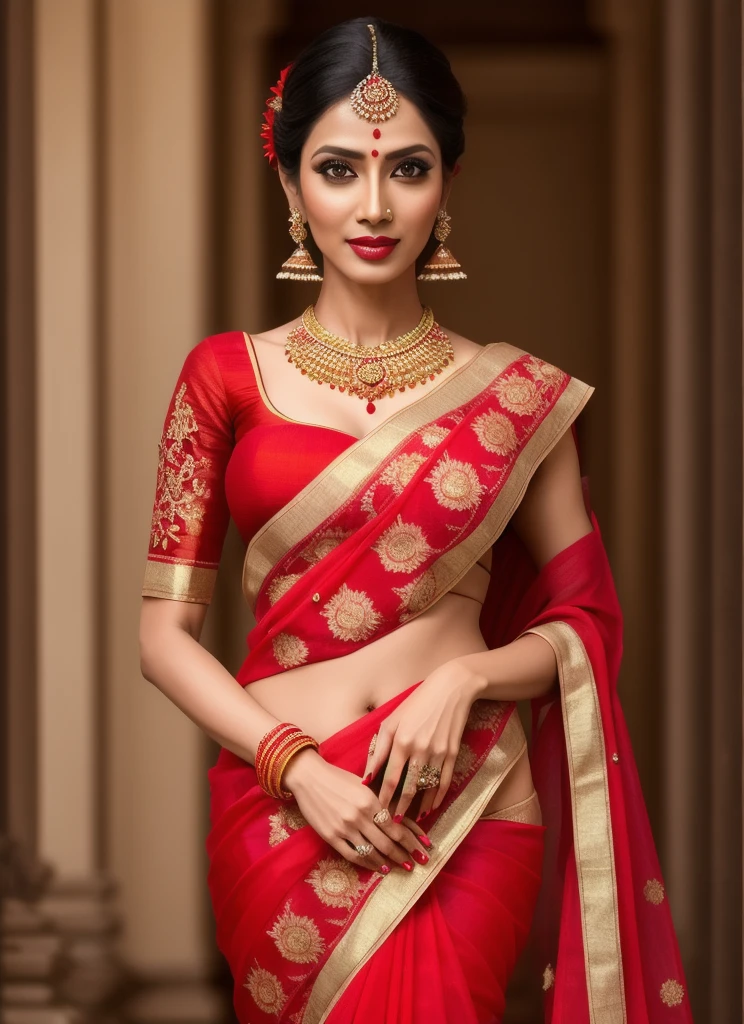 professional model shoot photo, 24yo milf girl look like Kolkata, India (highly detailed:1.1), red and yellow (saree), perfect eyes, sharp focus, 8k high definition, insanely detailed, intricate, elegant, flower and garden backgroung
