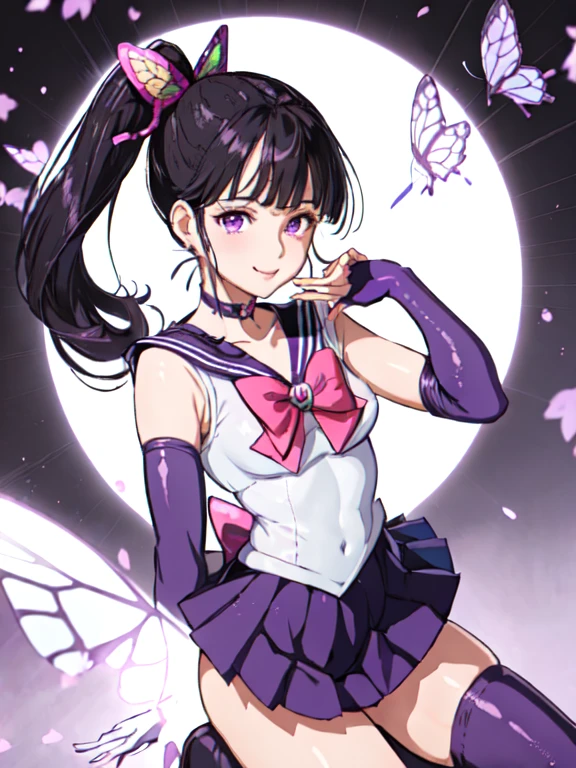 nsfw, kanao tsuyuri, black hair, butterfly, butterfly hair ornament, (purple eyes:1.1), side ponytail, ponytail,
sailor outfit, purple sailor outfit, elbow gloves, sailor moon,
(best quality, masterpiece, RAW photo,ultra-detailed:1.2), 1girl,solo,looking at viewer,smile