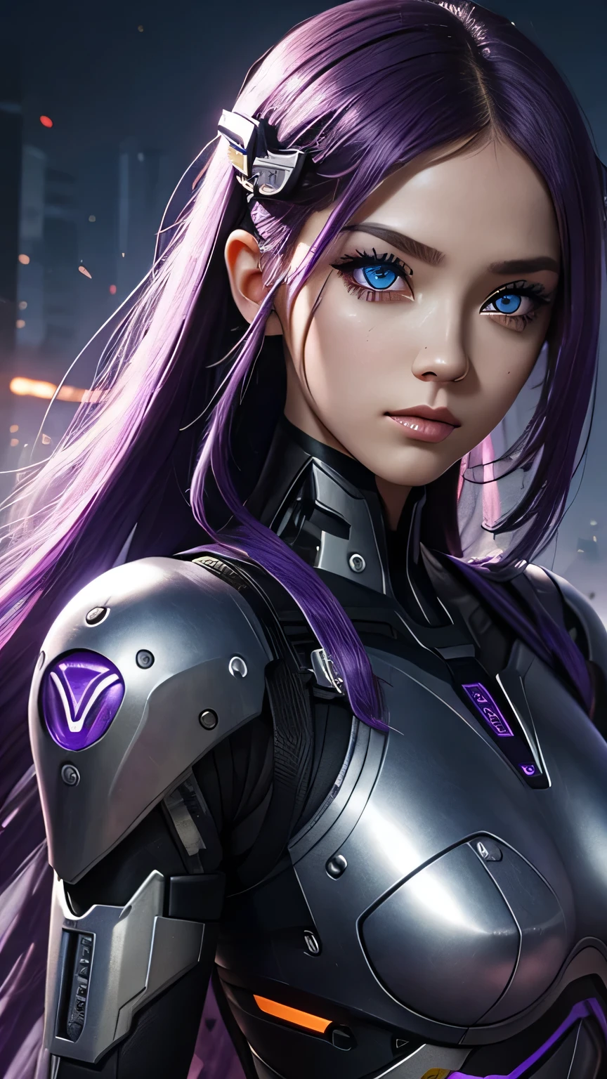 cyborg girl, beautiful eyes, battle field background, violet hair, masterpiece, ultra high details