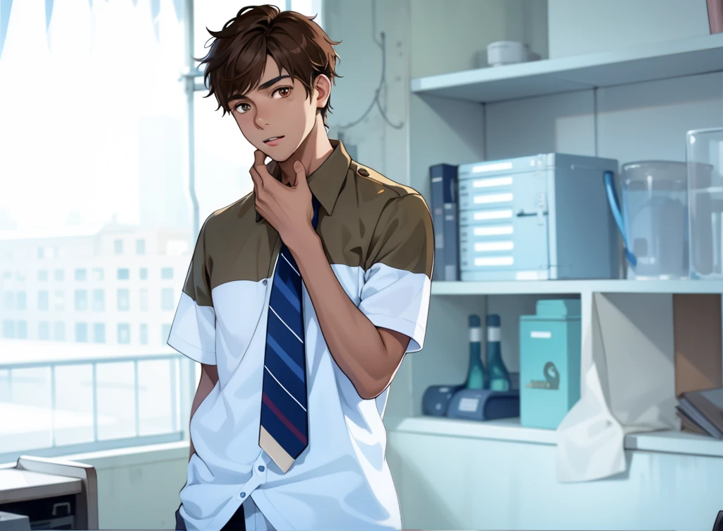There is a 17-year-old young man at the top of his school in the background. You can see a city. He has brown eyes. Brown hair. He is looking curiously.