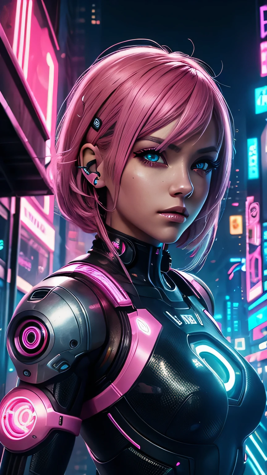 cyborg girl, robot hand, beautiful eyes, cyberpunk city background, neon light, pink hair, masterpiece, ultra high details