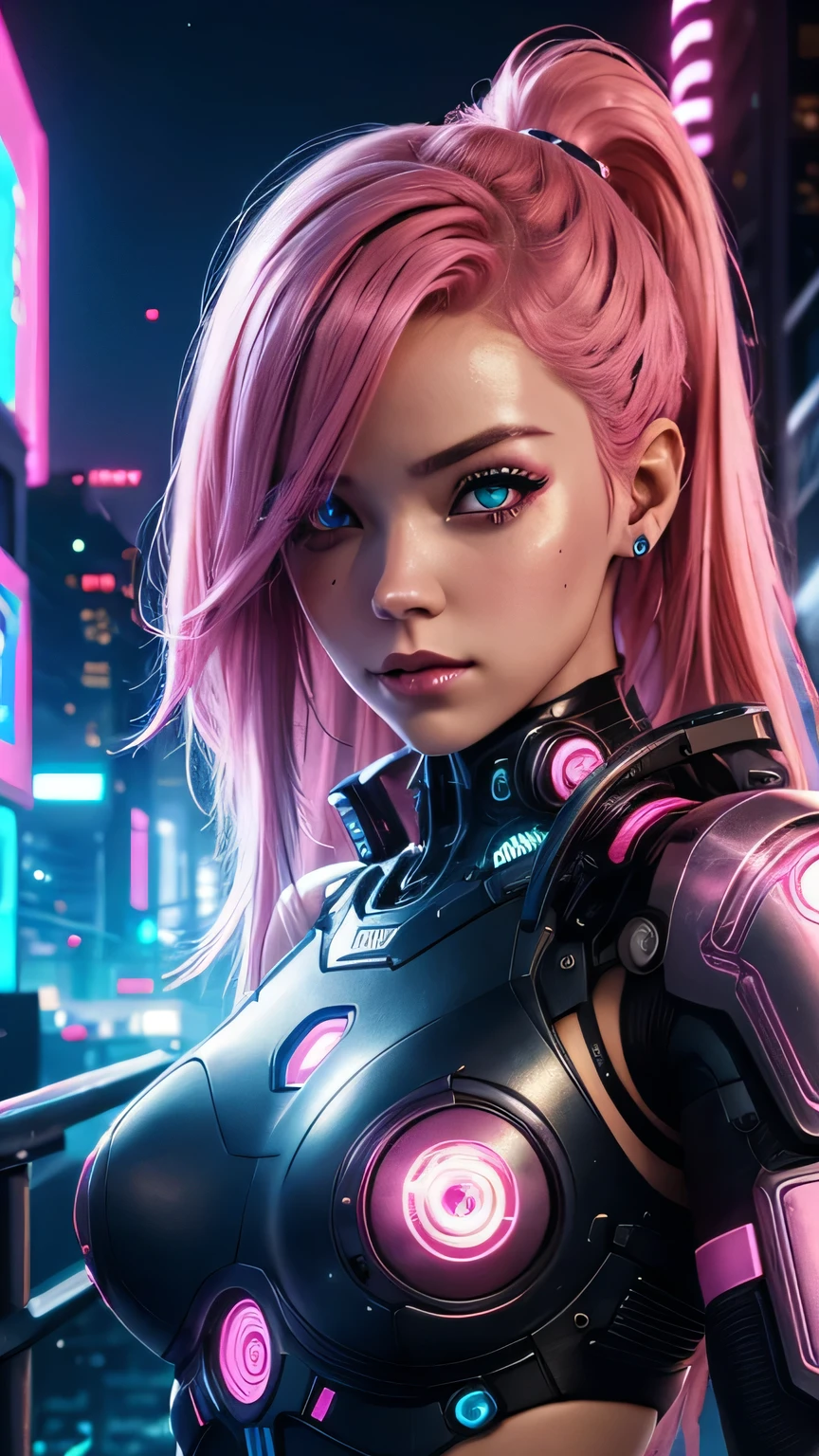 cyborg girl, robot hand, beautiful eyes, cyberpunk city background, neon light, pink hair, masterpiece, ultra high details