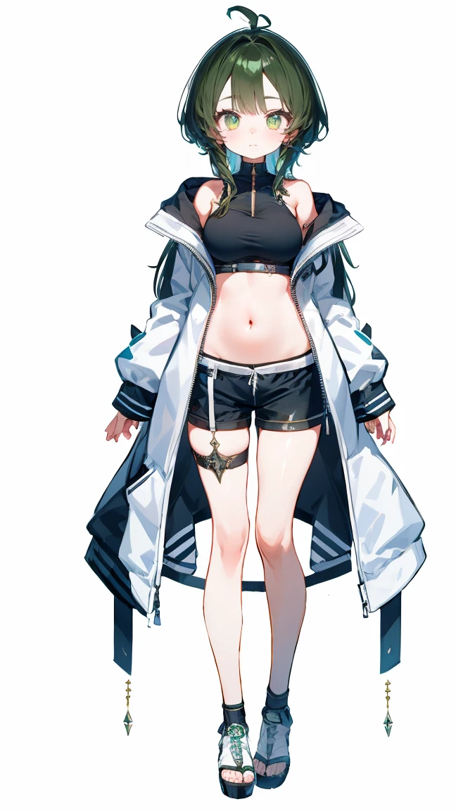 （Vtuber Standing Pictures）、（Standing picture on the front）、1girl, Underside_greenarchive, bedazzling eye, exposed 胃, Exposed navel, Naked tummy, eye, exposed , , Forehead、 green_eye, Black_hair, Hello, have, Jacket、hoodie、Shoulder Bare、Large hood、茶色のhair, Shorts、feet、white background, full body