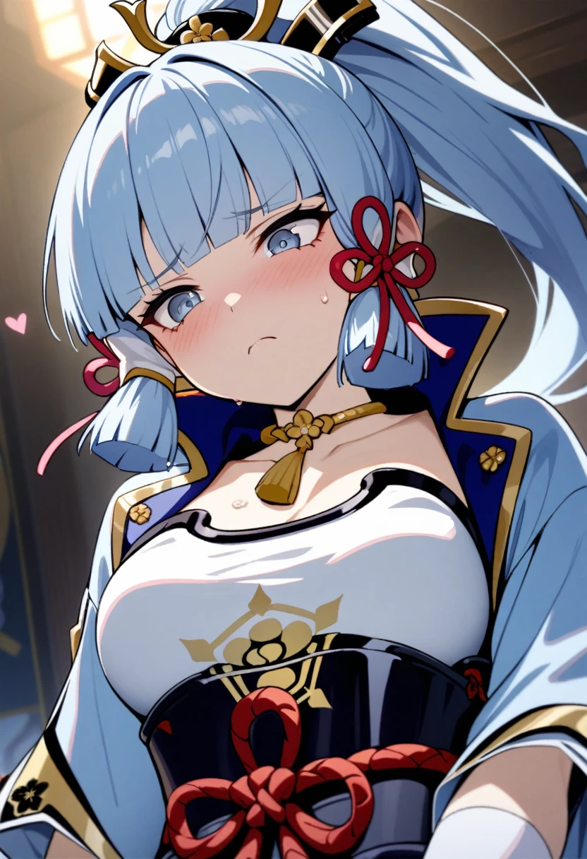 masterpiece, best quality, very aesthetic, absurd, up to date,1 Girl,Upper Body, From below, (despise, disgust,Shadowed side,Looking at the audience,frown),
Kamisato Ayaka,Kamisato Ayaka(Genshin Impact), Light blue hair, Bangs, A small gold ornament, Gray eyes, Ponytail , Medium breasts,  Blue Japanese clothes, Heart, White socks