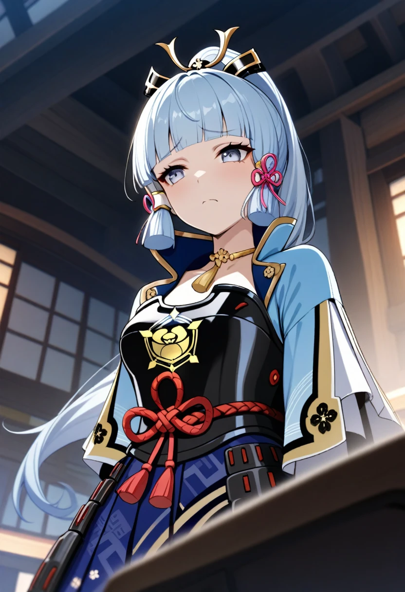 masterpiece, best quality, very aesthetic, absurd, up to date,1 Girl,Upper Body, From below, (despise, disgust,Shadowed side,Looking at the audience,frown),
Kamisato Ayaka,Kamisato Ayaka(Genshin Impact), Light blue hair, Bangs, A small gold ornament, Gray eyes, Ponytail , Medium breasts,  Blue Japanese clothes, Heart, White socks