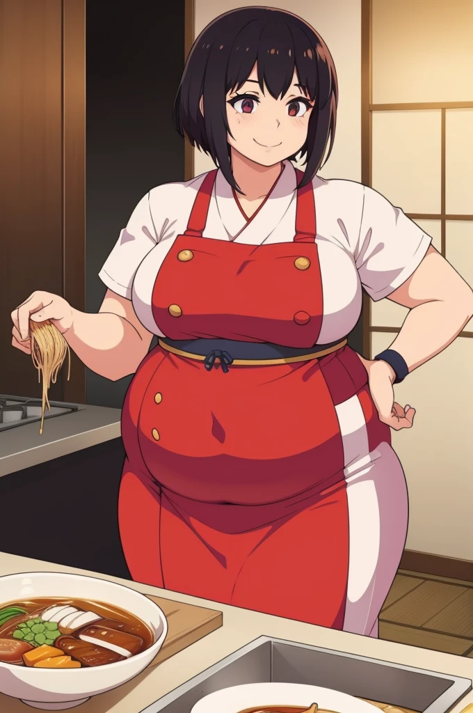 1woman, ramen chef, Japanese, cooking ramen, at a restaurant, Japanese clothes, fat, smiling, curvy,