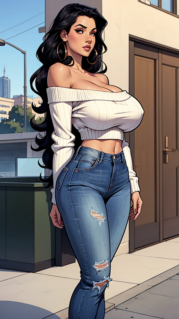 sexy woman, long curly black hair, off shoulder white sweater, jeans, Busty. Big hip. Voluptuos. Comic style