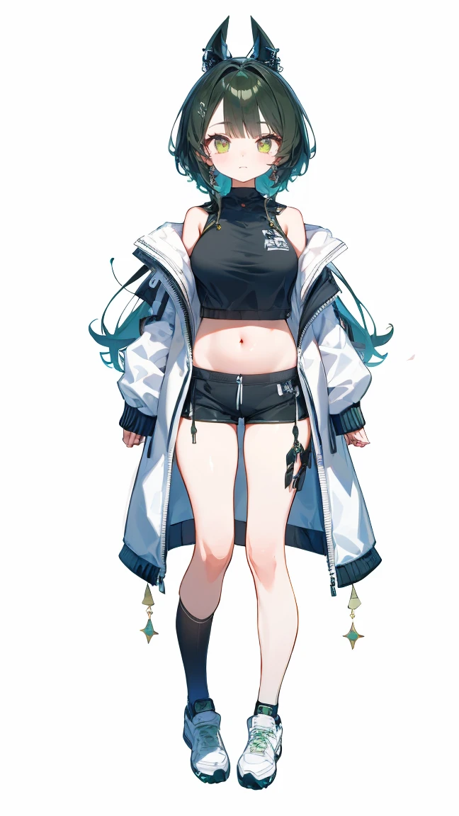 （Vtuber Standing Pictures）、（Standing picture on the front）、1girl, Underside_greenarchive, bedazzling eye, exposed 胃, Exposed navel, Naked tummy, eye, exposed , , Forehead、 green_eye, Black_hair, Hello, have, Jacket、hoodie、Shoulder Bare、Large hood、茶色のhair, Shorts、feet、white background, full body