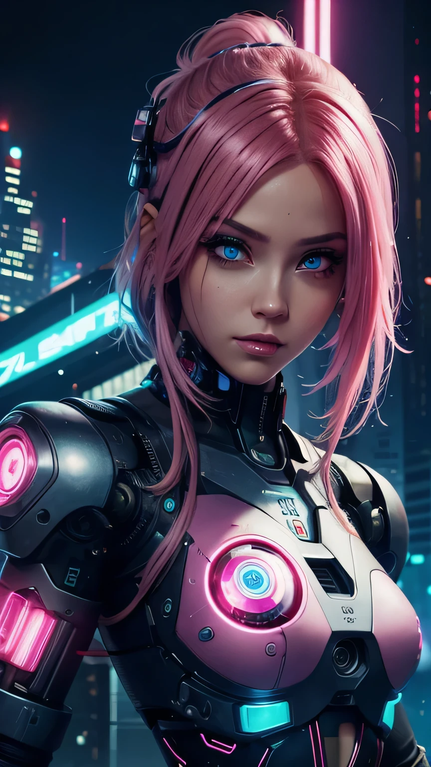 cyborg girl, robot hand, beautiful eyes, cyberpunk city background, neon light, pink hair, masterpiece, ultra high details