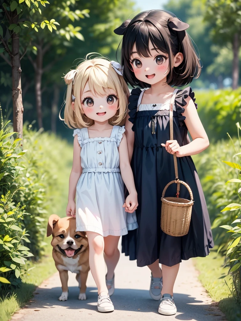 Two Girls、Very close sisters、Walk hand in hand、Having fun and being excited、They both walk with a bounce、Happy smile、A cute, cool sleeveless dress、Walking side by side with dogs、(Quadrupedal Dog、Very large dog:1.4、Same height as her sister、Bushy white hairs、Very gentle and caring)、Nothing in my hands、Watching the audience、