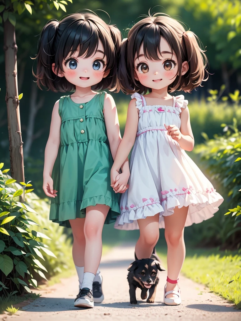 Two Girls、Very close sisters、Walk hand in hand、Having fun and being excited、They both walk with a bounce、Happy smile、A cute, cool sleeveless dress、Walking side by side with dogs、(Quadrupedal Dog、Very large dog:1.4、Same height as her sister、Bushy white hairs、Very gentle and caring)、Nothing in my hands、Watching the audience、