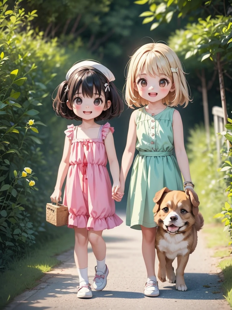Two Girls、Very close sisters、Walk hand in hand、Having fun and being excited、They both walk with a bounce、Happy smile、A cute, cool sleeveless dress、Walking side by side with dogs、(Quadrupedal Dog、Very large dog:1.4、Same height as her sister、Bushy white hairs、Very gentle and caring)、Nothing in my hands、Watching the audience、