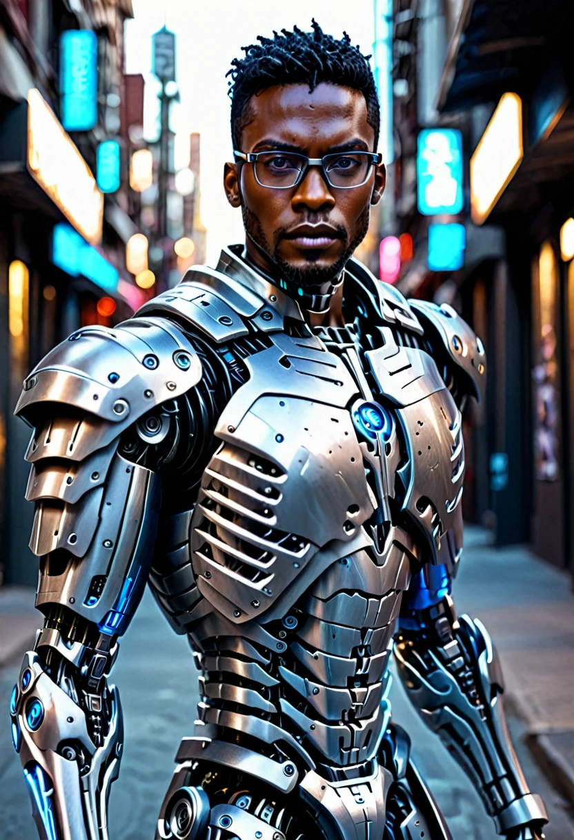 an ultra handsome dark-skinned cyborg man with glasses, perfect android man, beautiful robot character design, simplified futuristic armor, Bblack hair, short beard, SLR Lighting, SLR Camera, ultra quality, sharpening, Depth of field, Film grain (downtown), Fujifilm XT3, clara como cristal, frame downtown, serious face, sharp focus, Full-body image, front pose, realisitic, futuristc city, cyborg face