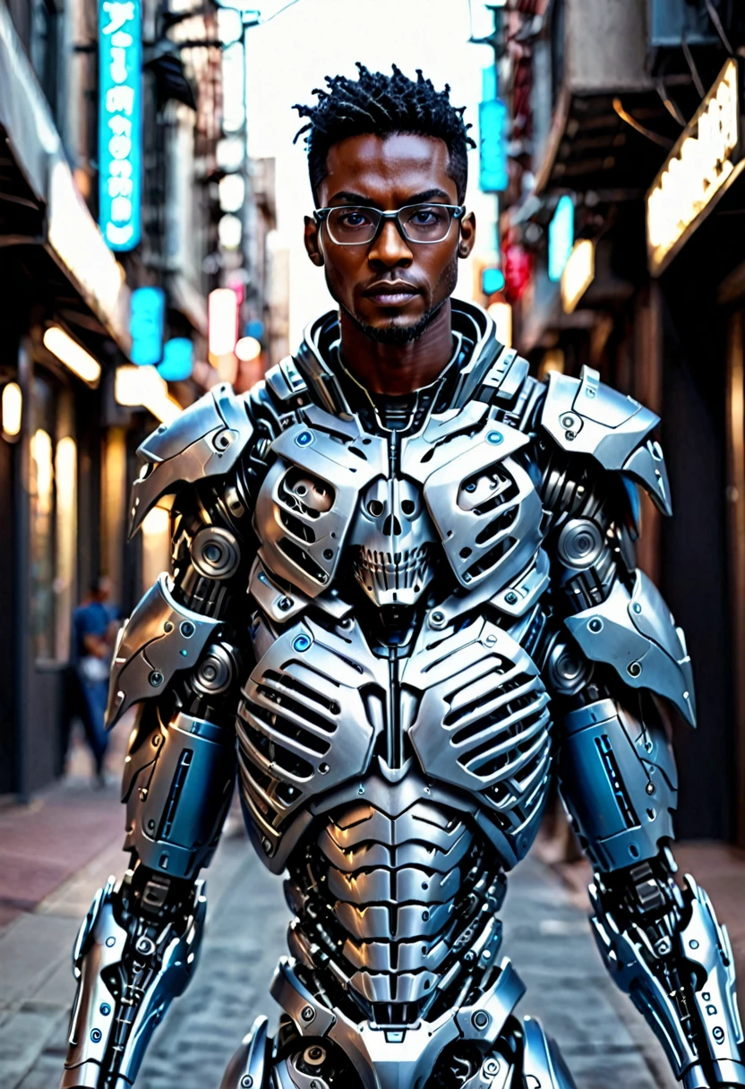 an ultra handsome dark-skinned cyborg man with glasses, perfect android man, beautiful robot character design, simplified futuristic armor, Bblack hair, short beard, SLR Lighting, SLR Camera, ultra quality, sharpening, Depth of field, Film grain (downtown), Fujifilm XT3, clara como cristal, frame downtown, serious face, sharp focus, Full-body image, front pose, realisitic, futuristc city, cyborg face