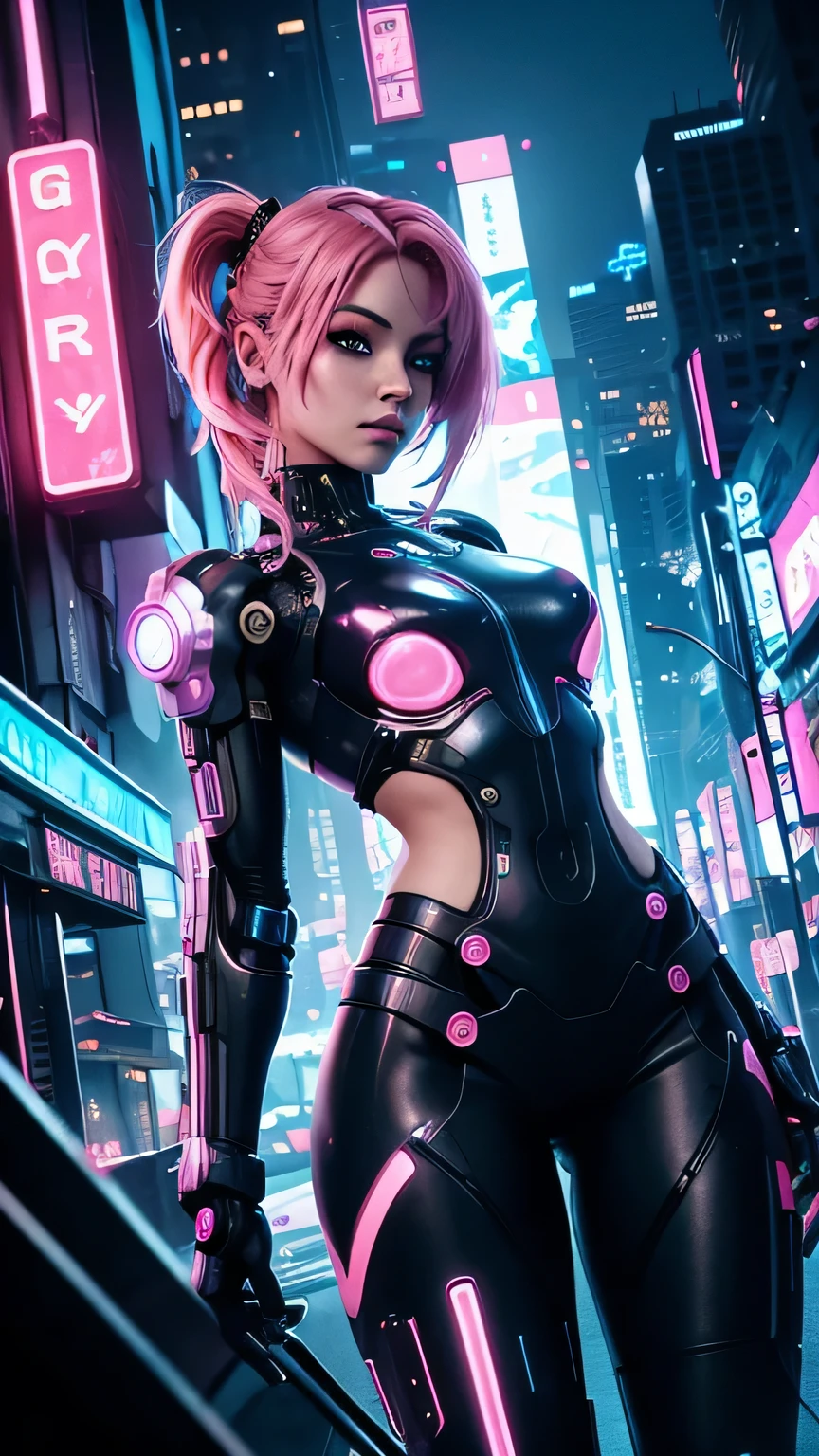 cyborg girl, robot hand, beautiful eyes, cyberpunk city background, neon light, pink hair, masterpiece, ultra high details